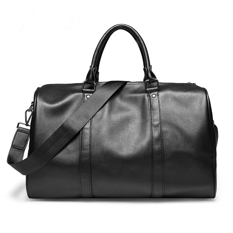 Elegant svart skinn duffelbag for menn, perfekt som reiseveske og weekendbag for stilfull bagasje.