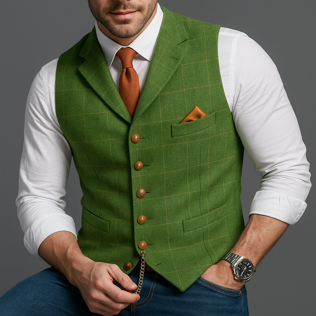 "Elegant svart V-hals vest med dobbeltspent lukking, perfekt for formelle anledninger og stilig herremote."