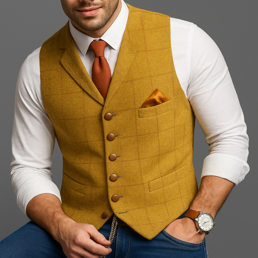"Elegant svart V-hals vest med dobbeltspent lukking, perfekt for formelle anledninger og stilig herremote."