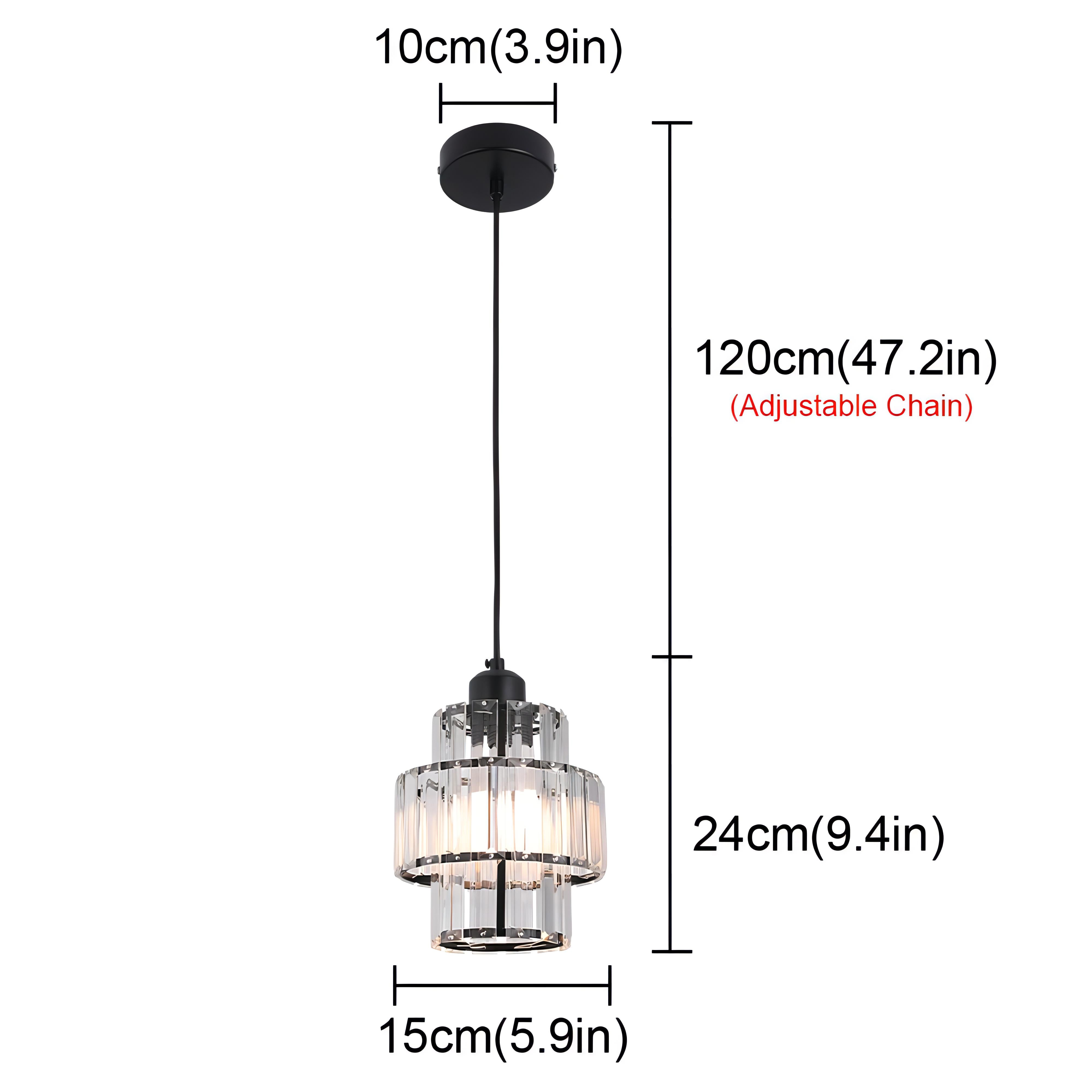 "Elegant takpendel i krystallglass med flertrinnsdesign og svart eller gull ledning, optimal lysfordeling i rommet."