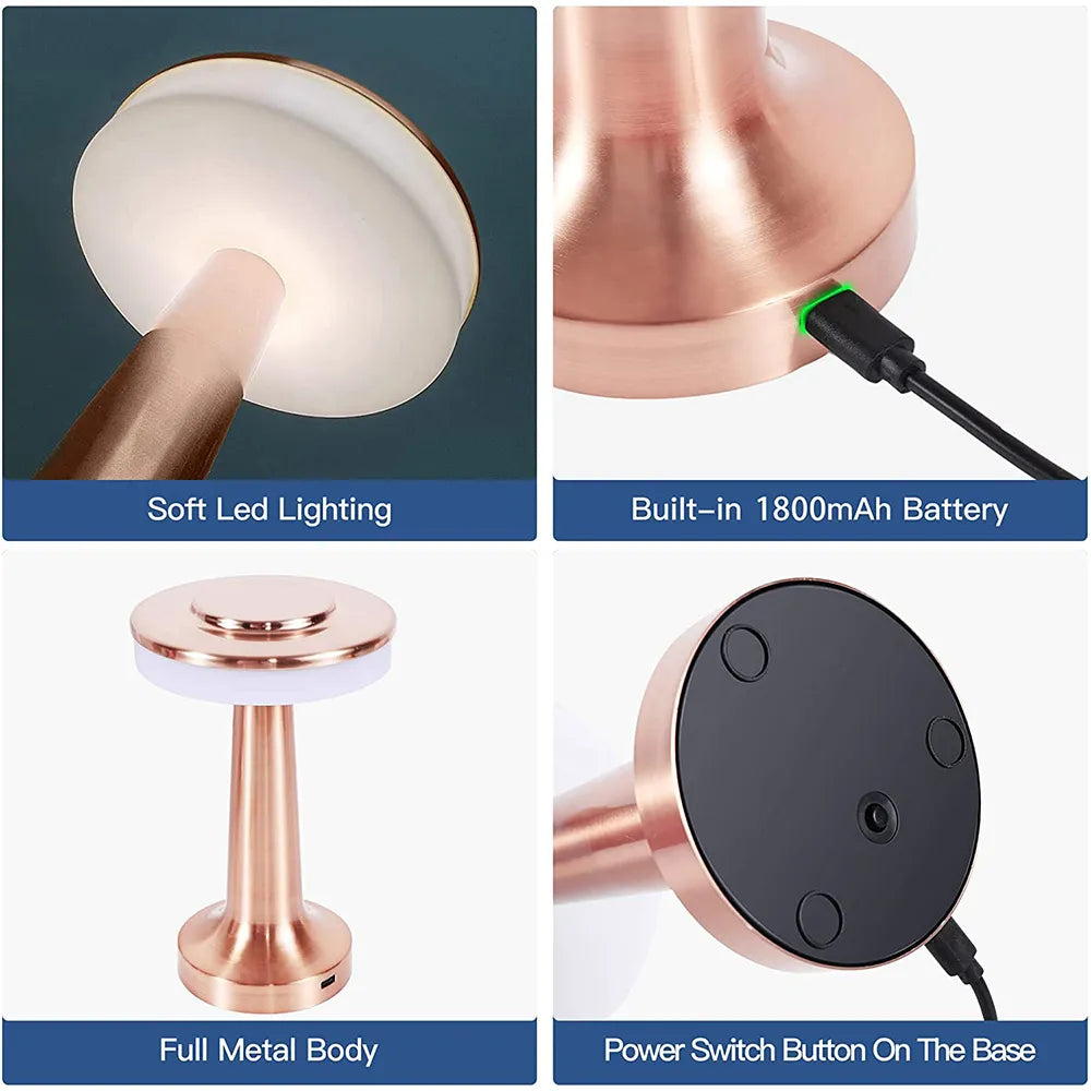 Gullfarget trådløs bordlampe med dimmbar LED, berøringssensor. Elegant dekorativ belysning til hjemmet.