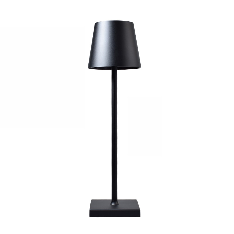 "Elegant trådløs bordlampe med USB, trinnløs lysjustering, i aluminium. Perfekt for stue, soverom, eller utendørs bruk."