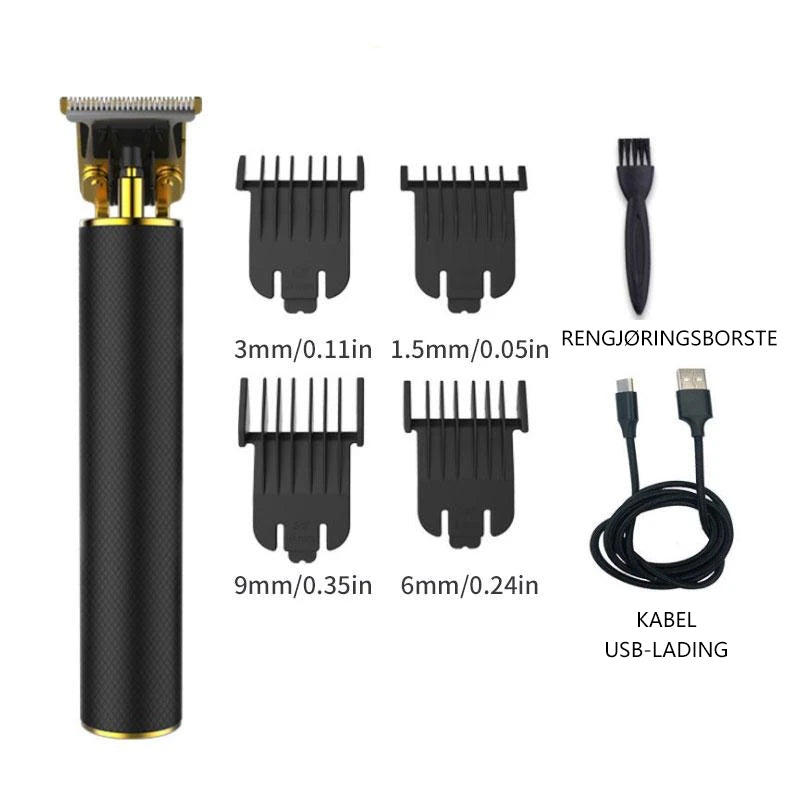 "Elegant trådløs hårtrimmer for menn, kompakt, vanntett og med støyreduksjon for presis trimming."