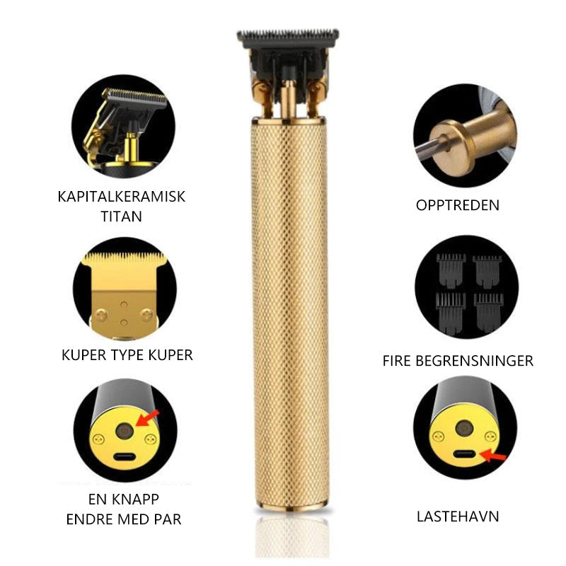 "Elegant trådløs hårtrimmer for menn, kompakt, vanntett og med støyreduksjon for presis trimming."
