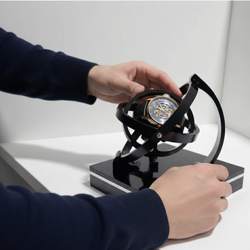 Sidebilde av automatisk klokke winder, viser kompakt og stilrent design for klokker