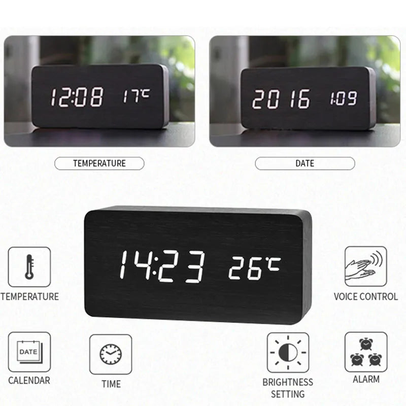 "Elegant tre-LED digital vekkerklokke med temperaturvisning, trefinish og moderne design for stilig innredning."