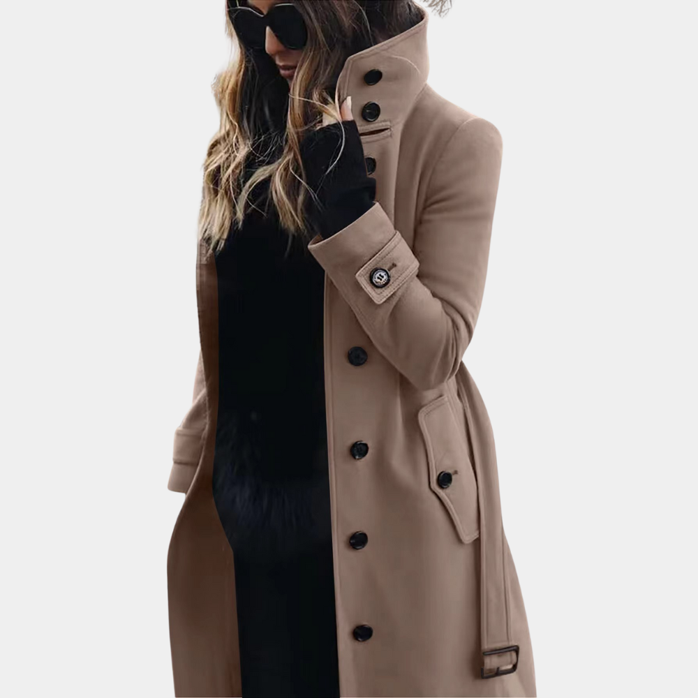 "Elegant trenchcoat for kvinner med dobbelt knapperad, justerbar midje og klassisk design, tilgjengelig i flere farger."