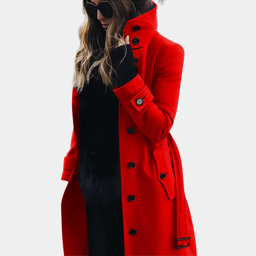 "Elegant trenchcoat for kvinner med dobbelt knapperad, justerbar midje og klassisk design, tilgjengelig i flere farger."