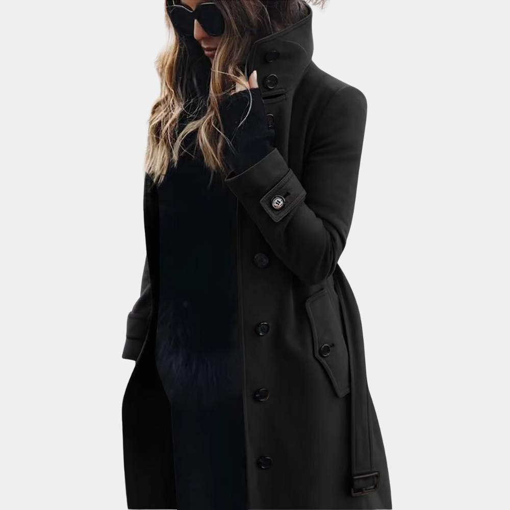 "Elegant trenchcoat for kvinner med dobbelt knapperad, justerbar midje og klassisk design, tilgjengelig i flere farger."
