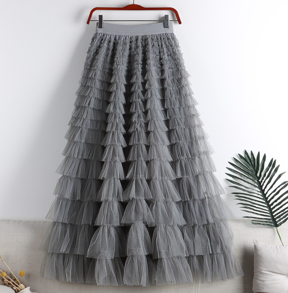 Elegant tyllskjørt med vintage design, høy elastisk midje, luftig, luksuriøst stoff i flere farger for kvinner.