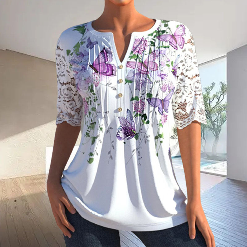 "Elegant V-hals bluse med blonder og blomstertrykk, feminine detaljer, ideell for hverdagsbruk og spesielle anledninger"