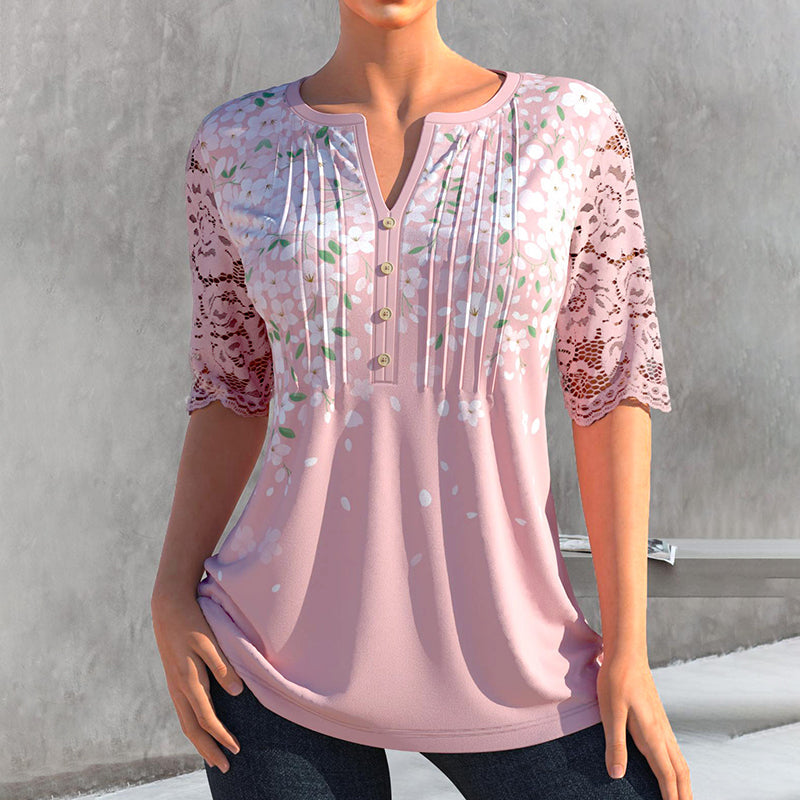 "Elegant V-hals bluse med blonder og blomstertrykk, feminine detaljer, ideell for hverdagsbruk og spesielle anledninger"