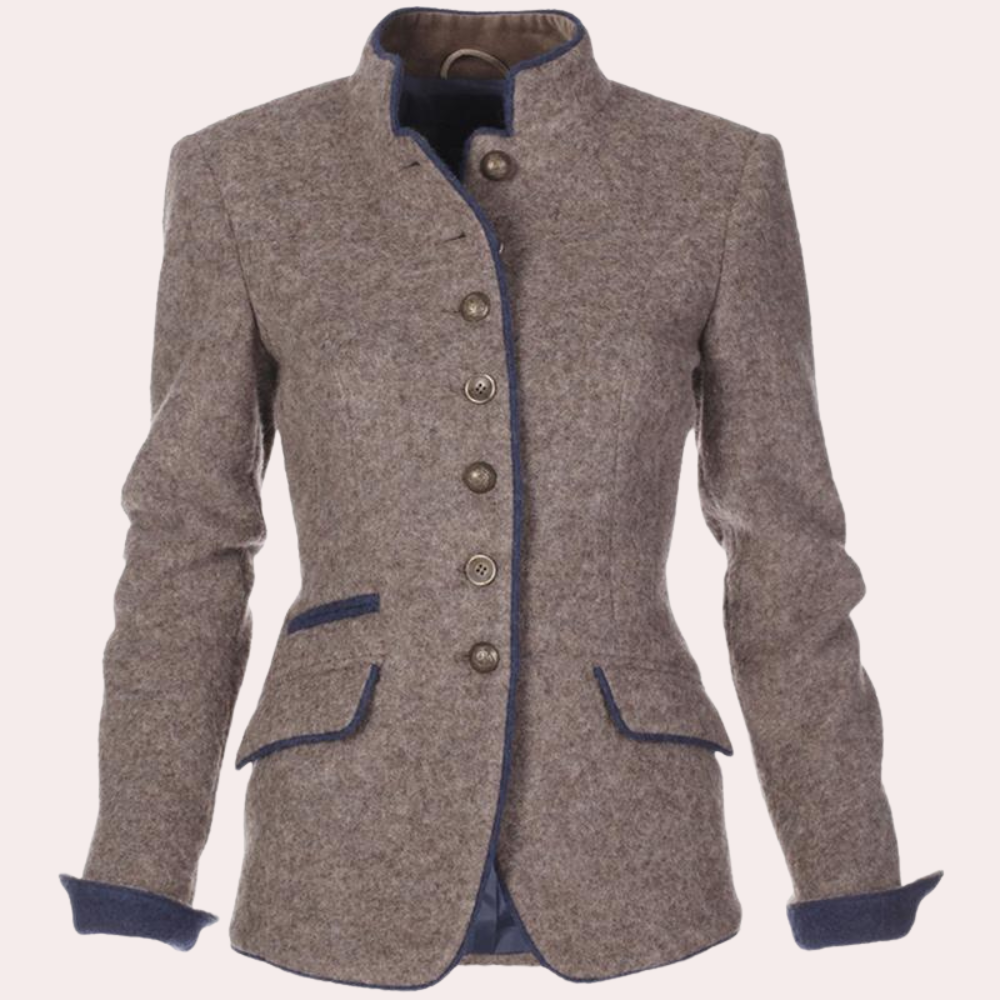 Elegant vårblazer for kvinner, brun farge, strukturert passform, klassisk revers, ideell for vårens mote.