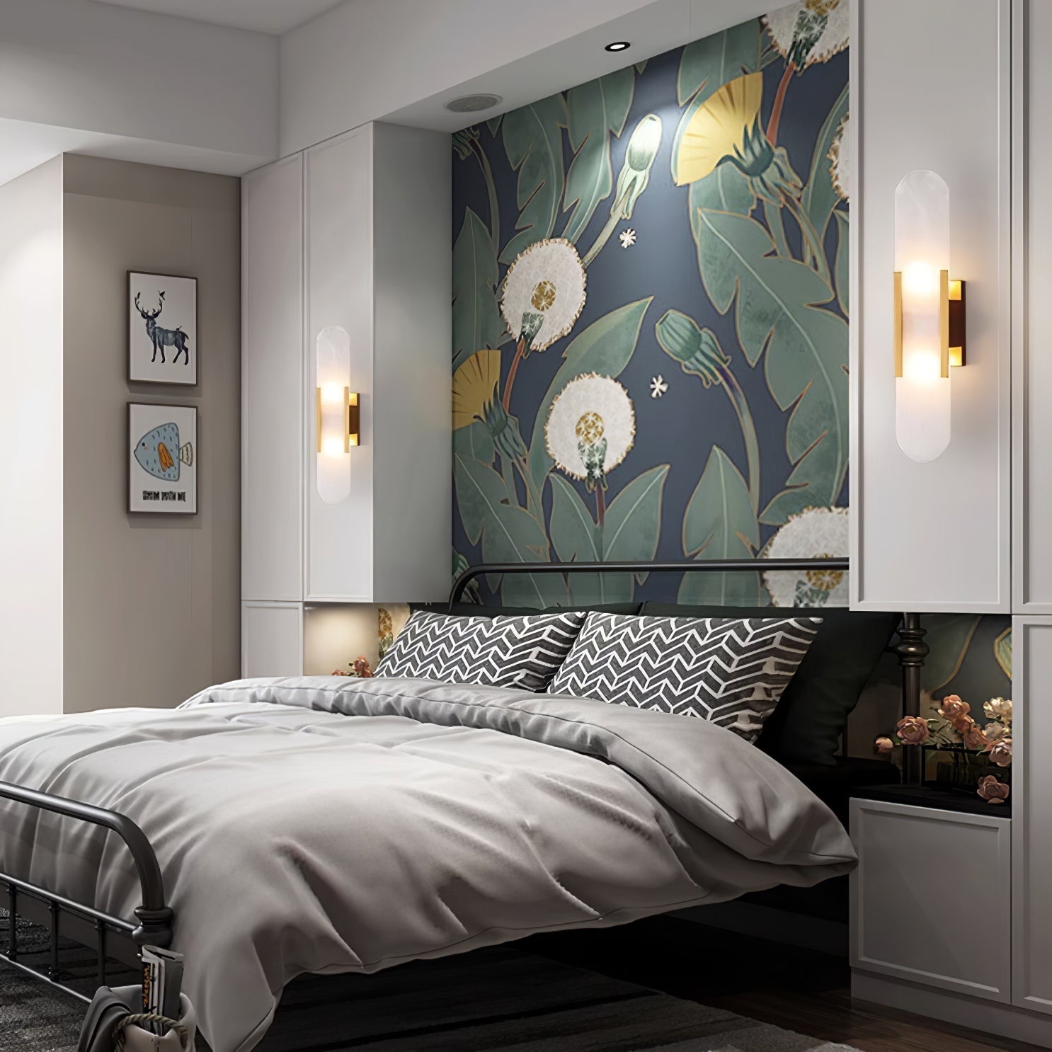 "Elegant vegglampe avlang i alabast med messingdetaljer, ideell for moderne interiør med tidløs skjønnhet og stil."