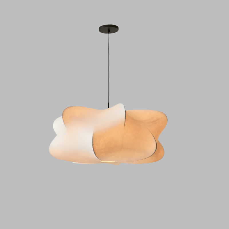 "Elegant Wabi Sabi hengelampe i silke, minimalistisk design, mykt LED-lys, ideell for moderne interiør"