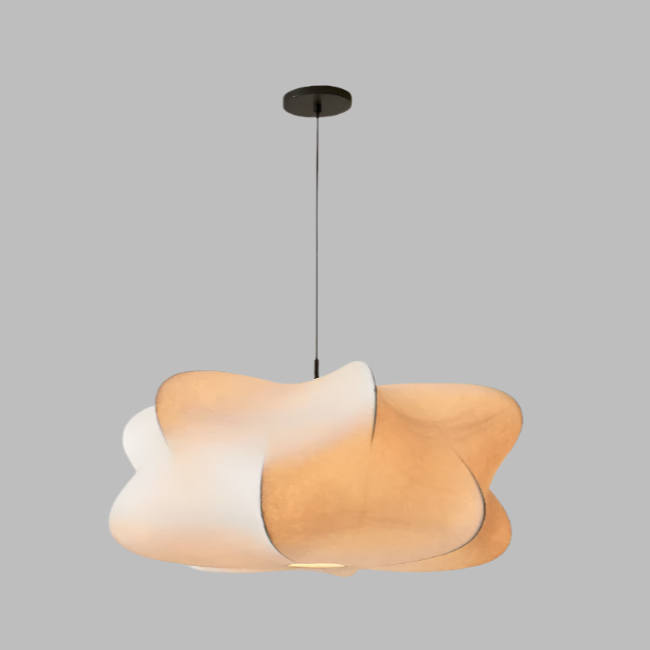 "Elegant Wabi Sabi hengelampe i silke, minimalistisk design, mykt LED-lys, ideell for moderne interiør"