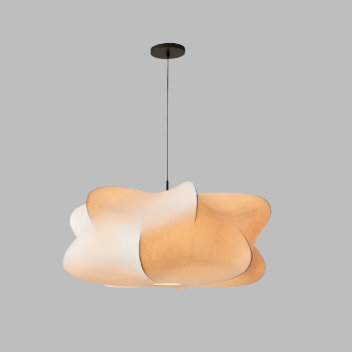 "Elegant Wabi Sabi hengelampe i silke, minimalistisk design, mykt LED-lys, ideell for moderne interiør"