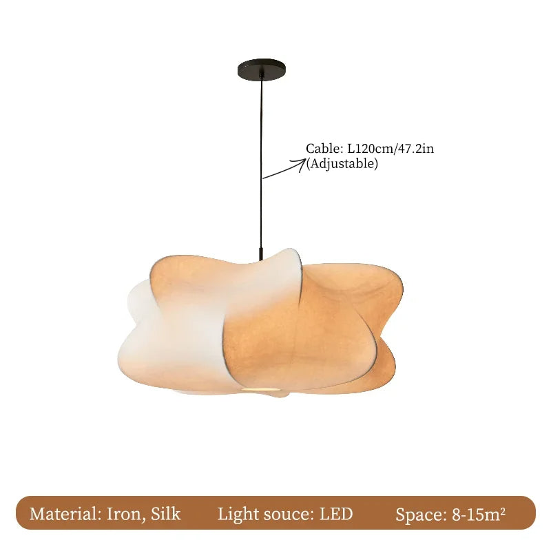 "Elegant Wabi Sabi hengelampe i silke, minimalistisk design, mykt LED-lys, ideell for moderne interiør"
