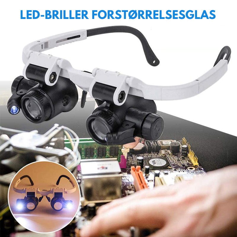 "Elegante LED-briller med forstørrelsesglass, utskiftbare linser og justerbare LED-lys for presisjonsarbeid."