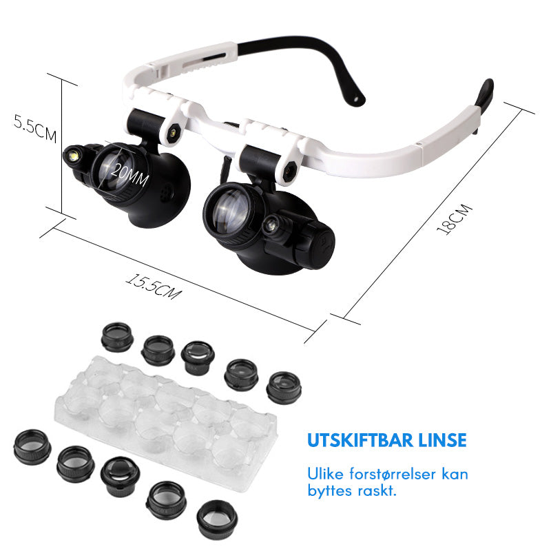 "Elegante LED-briller med forstørrelsesglass, utskiftbare linser og justerbare LED-lys for presisjonsarbeid."