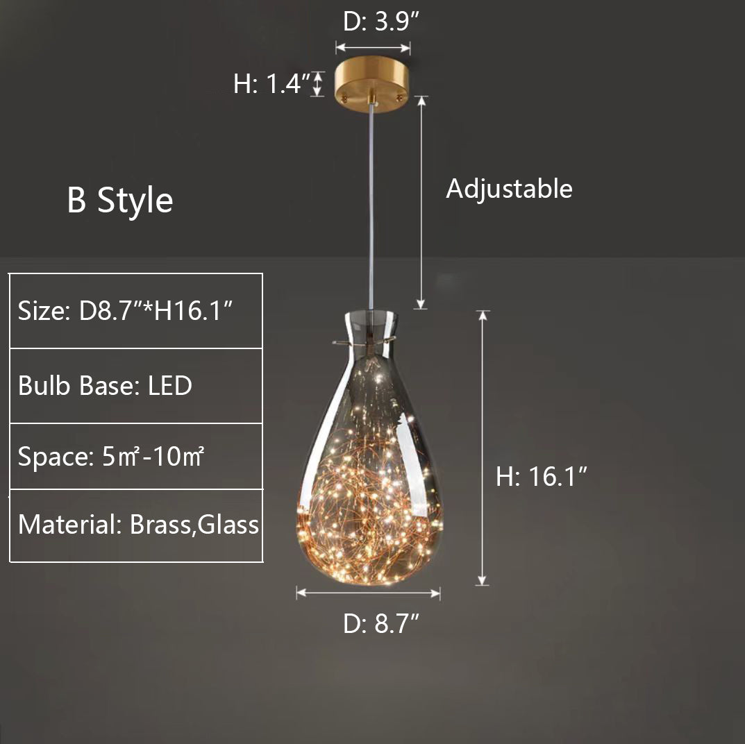 "Elegante moderne pendellampe i grått glass med stjernehimmel-effekt, justerbar høyde, perfekt for alle rom."