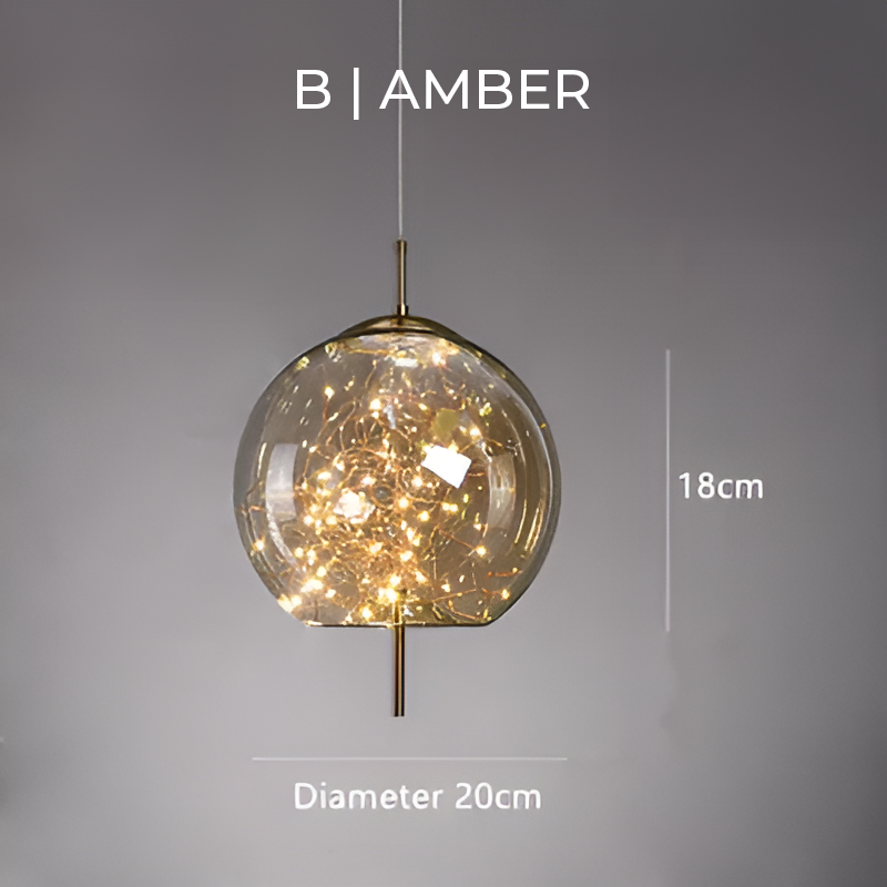 "Elegante pendellampe i mørkebrunt glass med små LED-lys, justerbar ledningslengde; moderne eleganse og klassisk design."