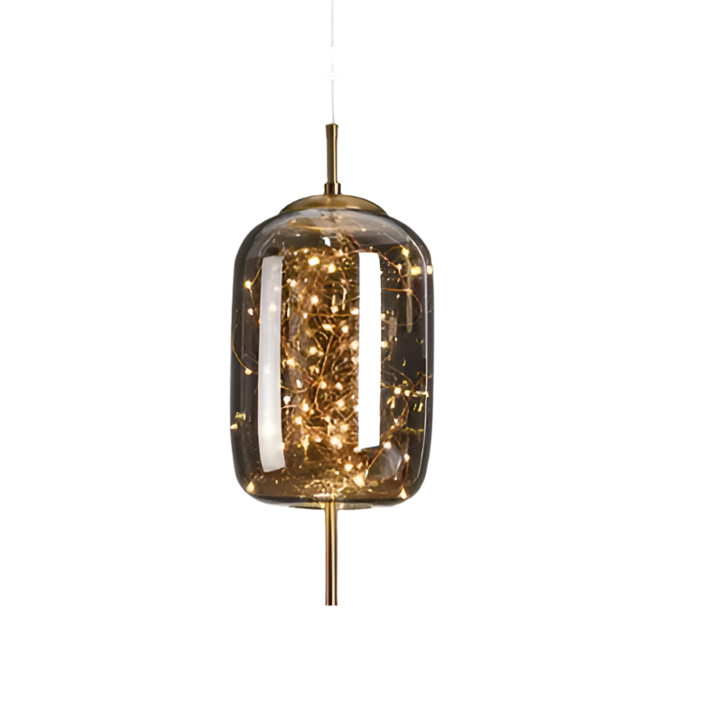 "Elegante pendellampe i mørkebrunt glass med små LED-lys, justerbar ledningslengde; moderne eleganse og klassisk design."