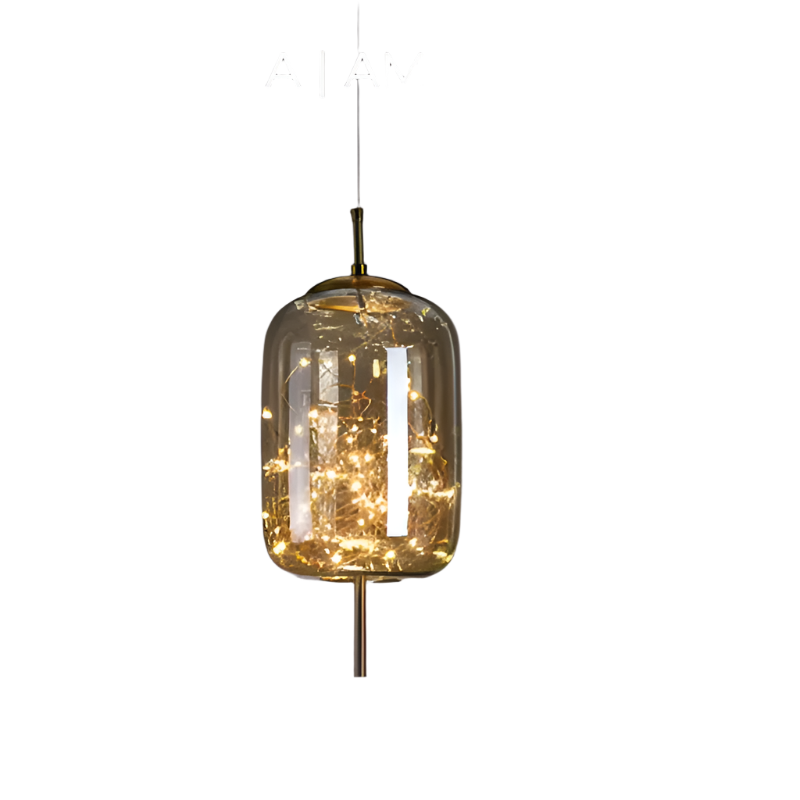 "Elegante pendellampe i mørkebrunt glass med små LED-lys, justerbar ledningslengde; moderne eleganse og klassisk design."