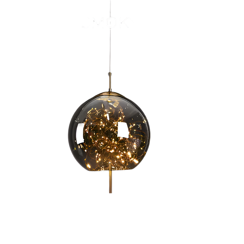 "Elegante pendellampe i mørkebrunt glass med små LED-lys, justerbar ledningslengde; moderne eleganse og klassisk design."