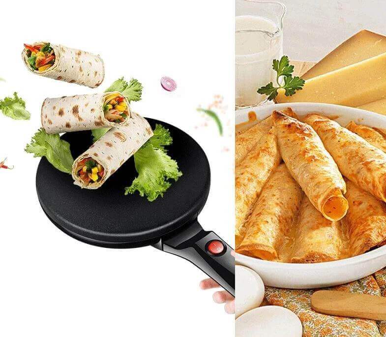 Pakken med den elektriske crêpe makeren, med fokus på funksjoner som non-stick og enkel rengjøring.