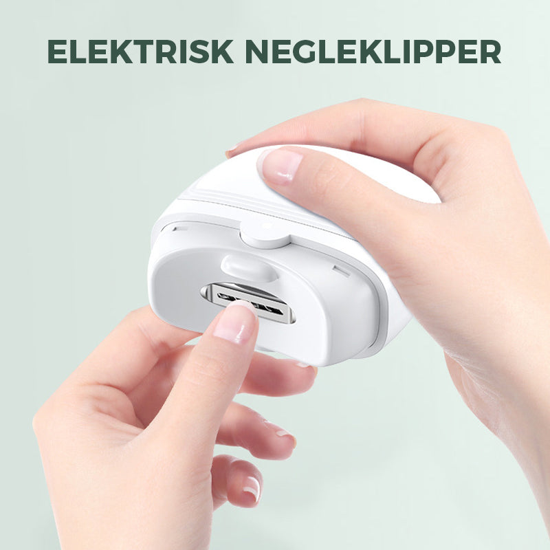 "Elektrisk, ergonomisk negleklipper med oppladbar design. Elegant, buet form med sikker bladskjuling. Enkel bruk."
