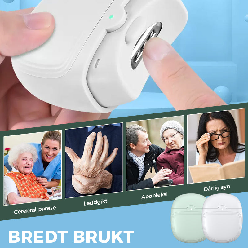 "Elektrisk, ergonomisk negleklipper med oppladbar design. Elegant, buet form med sikker bladskjuling. Enkel bruk."
