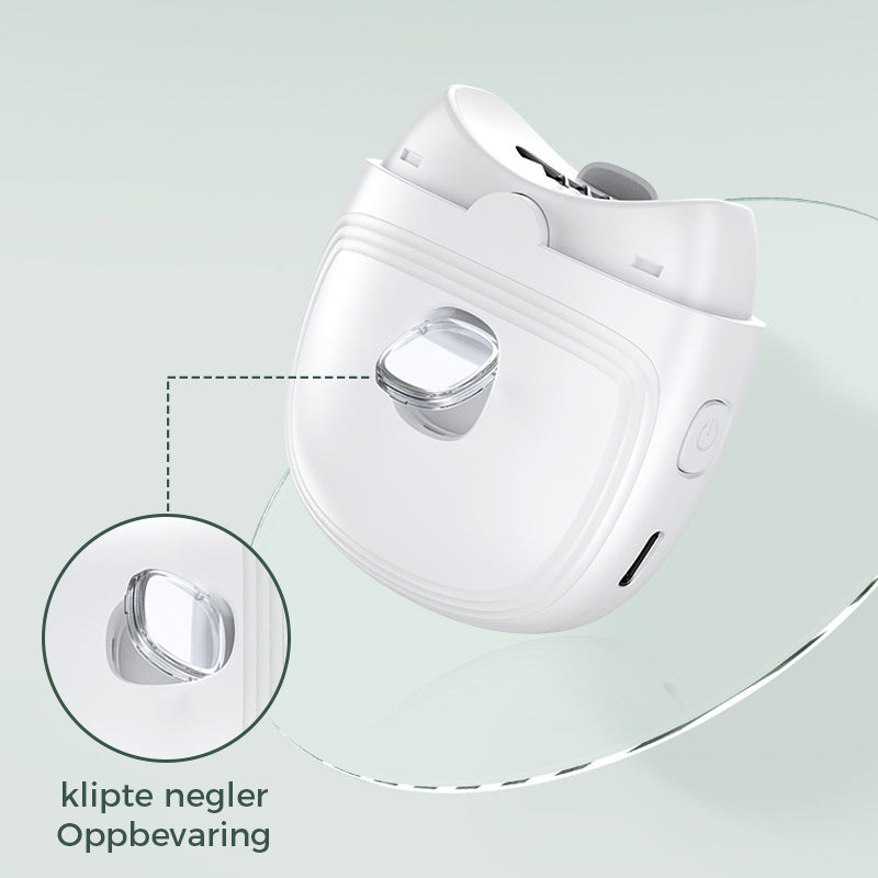 "Elektrisk, ergonomisk negleklipper med oppladbar design. Elegant, buet form med sikker bladskjuling. Enkel bruk."