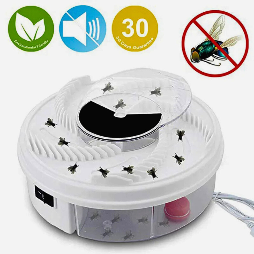 "Elektrisk fluefanger, kjemikaliefri og stille, med roterende system, hvit plast, USB-drevet for innendørs bruk."
