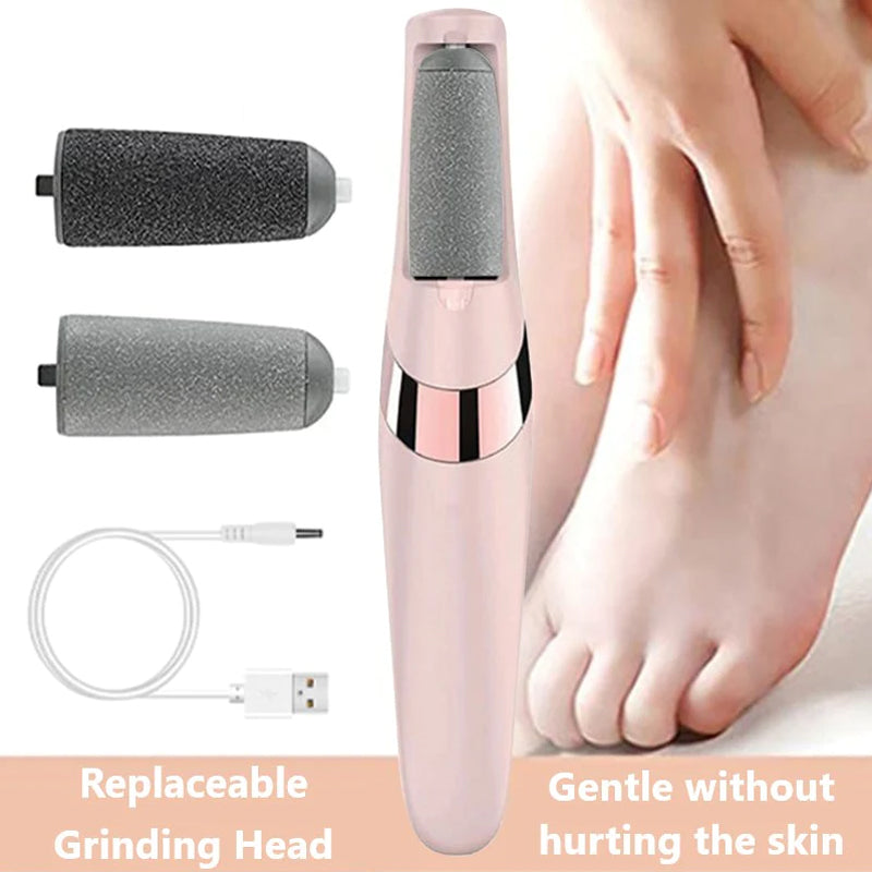 "Elektrisk fotsliper med rosa design, LED-lys og USB-lading for pleie av stive hæler og myke tær, har ergonomisk grep."