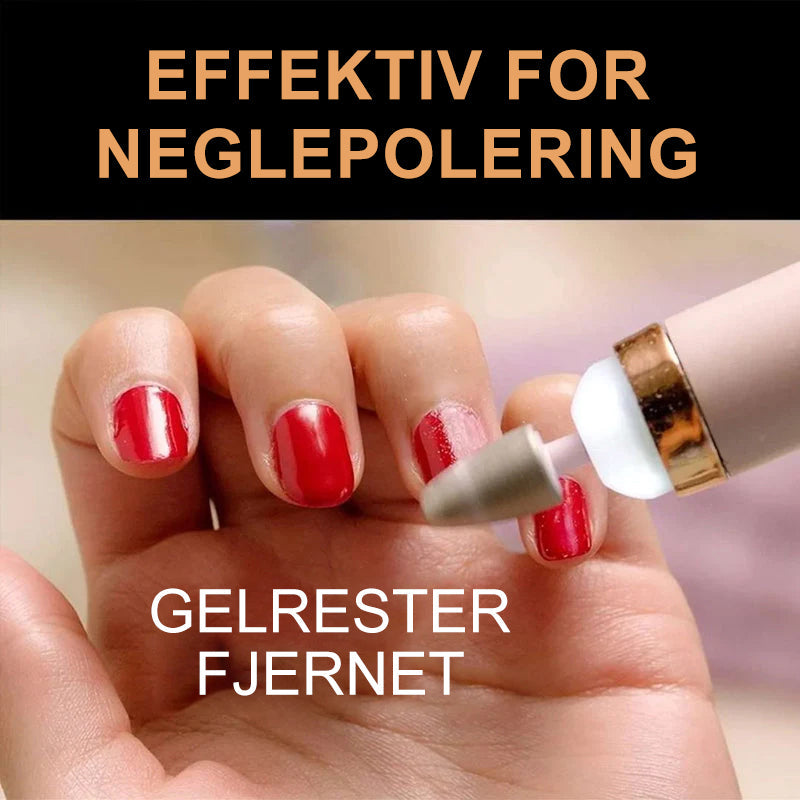 "Elektrisk manikyrsett med ergonomisk, slankt design. Inkluderer 5 utskiftbare hoder for enkel neglepleie."
