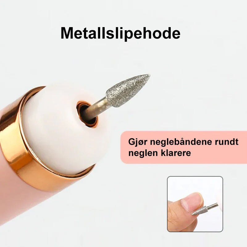 "Elektrisk manikyrsett med ergonomisk, slankt design. Inkluderer 5 utskiftbare hoder for enkel neglepleie."