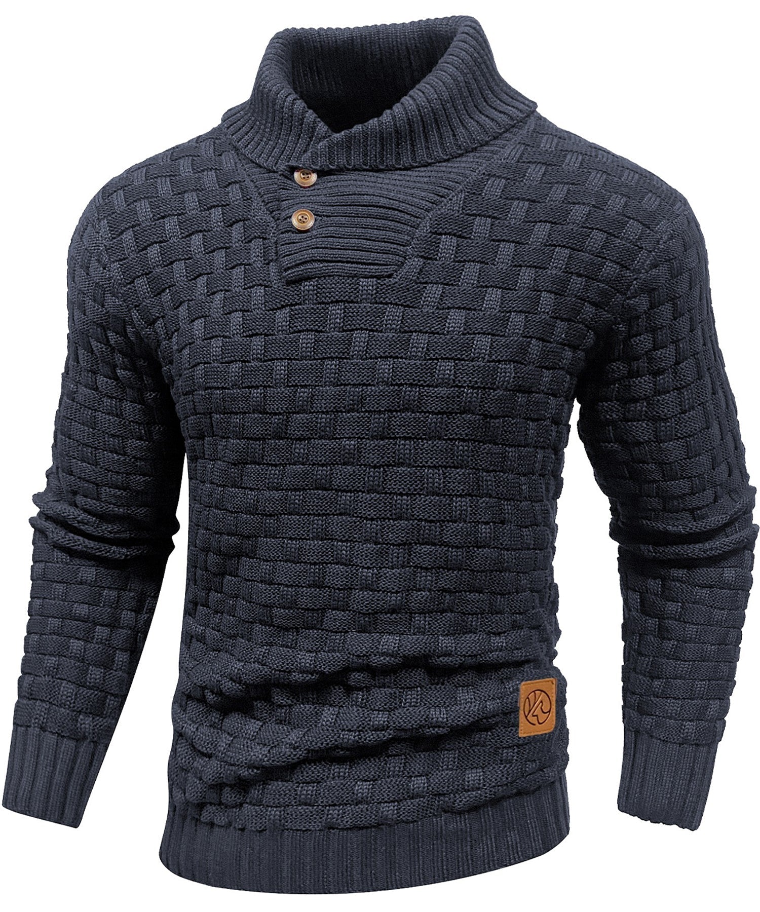 Varm og stilfull herregenser med høy krage. Den strikkede pulloveren har en unik og moderne look.