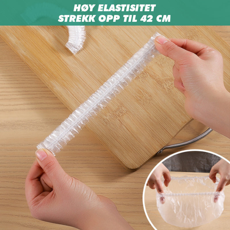 "Engangs plastdeksel for matbeskyttelse, gjennomsiktig med elastisk bånd, passer serviser 25 cm diameter."