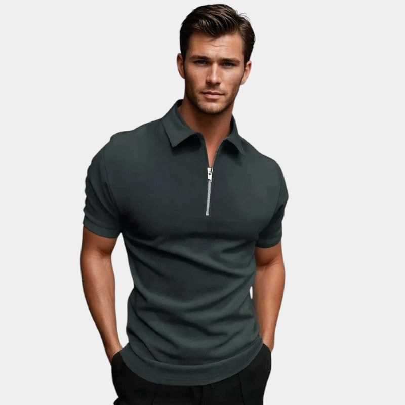Ensfarget herre golfskjorte i polyester med kort erm og glidelås for sport og fritid.
