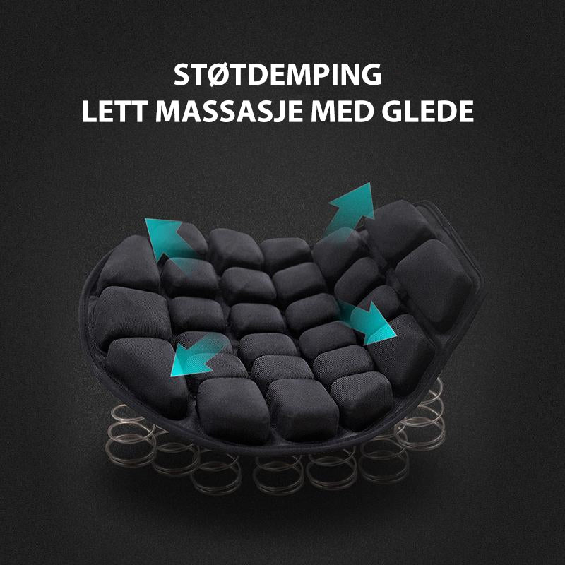 "Ergonomisk 3D-motorsykkelpute, svart flercelledesign, optimal komfort og vibrasjonsdemping for langdistansekjøring."
