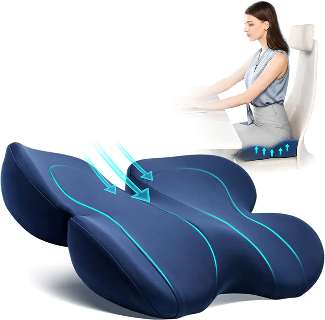 Blå ergonomisk sittepute med skreddersydd støtte, ideell for langvarig bruk på kontor eller reise.