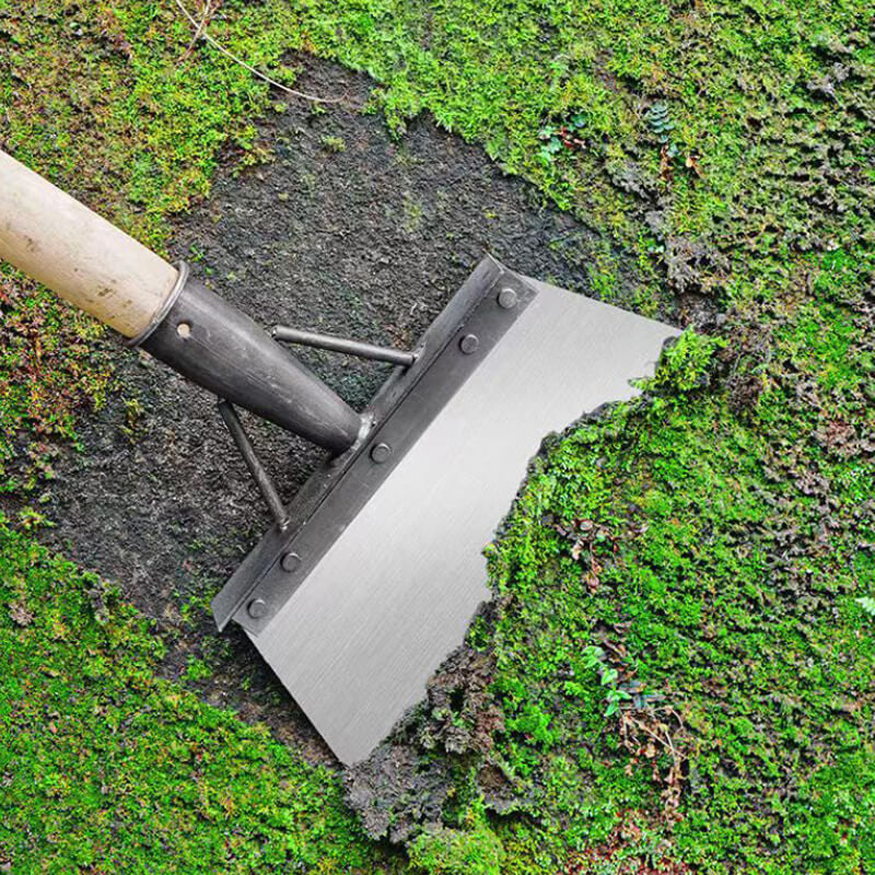 "Ergonomisk multifunksjonell rengjøringsspade i rustfritt stål for effektiv luking, sølvfarget, ideell til hagearbeid."