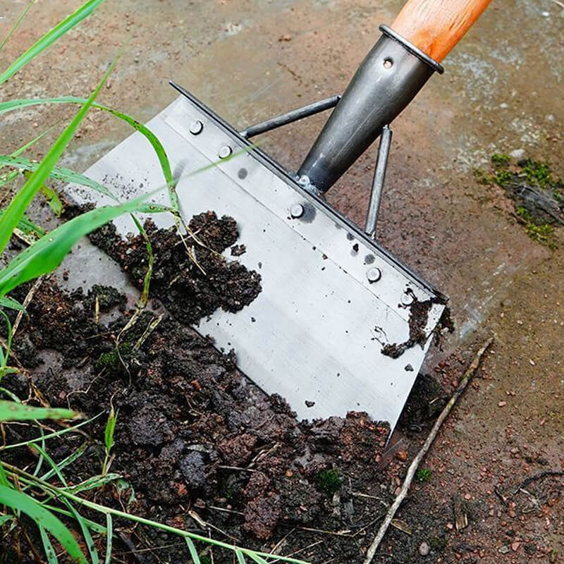 "Ergonomisk multifunksjonell rengjøringsspade i rustfritt stål for effektiv luking, sølvfarget, ideell til hagearbeid."