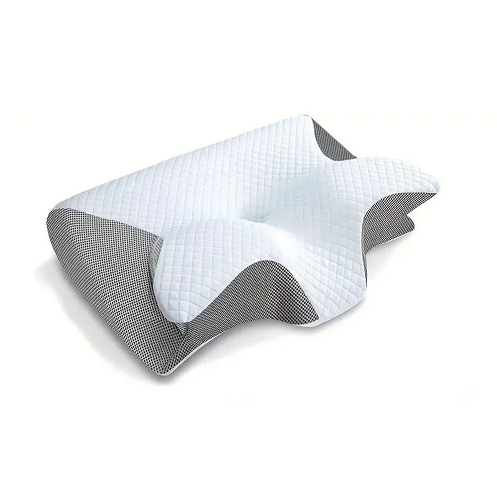 Bilde av en person som sover fredfullt på en ergonomisk pute, for optimal nakke- og hodestøtte.
