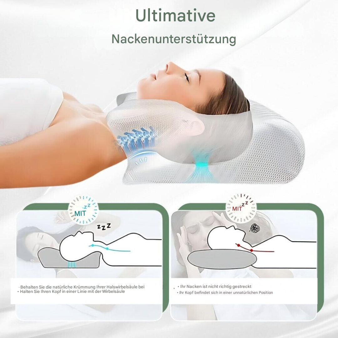 Nærbilde av den myke teksturen til den ergonomiske soveputen, som lover komfort og støtte.