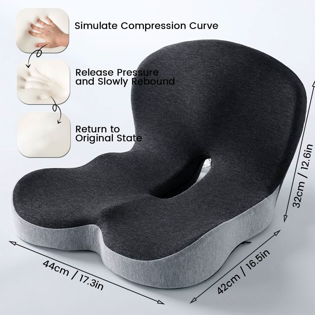 Nærbilde av ergonomisk sittepute i memory foam, viser pustende stoff og høykvalitets finish.