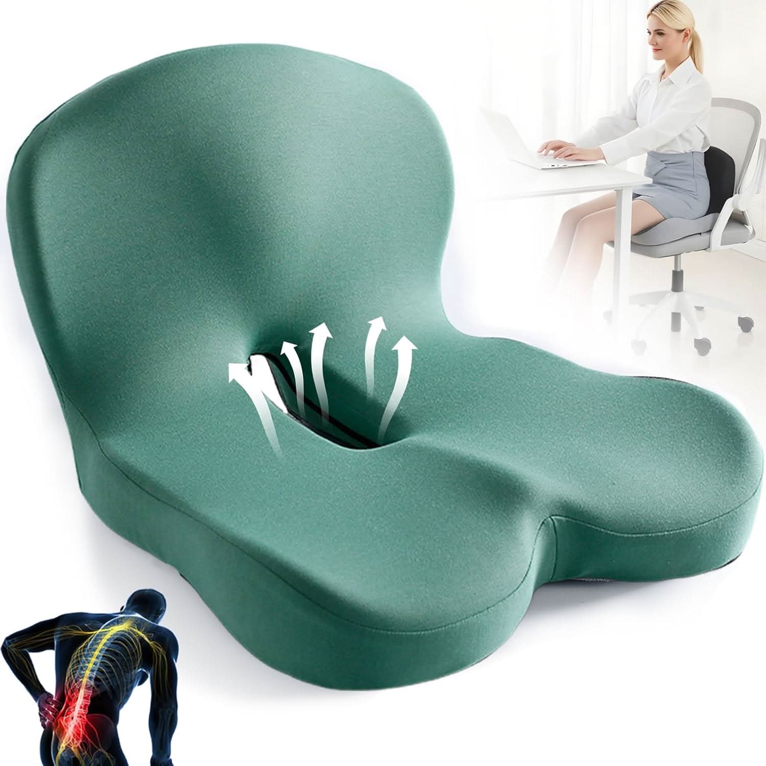 Person sitter komfortabelt på ergonomisk sittepute ved kontorpult, forbedrer arbeidsmiljøet.
