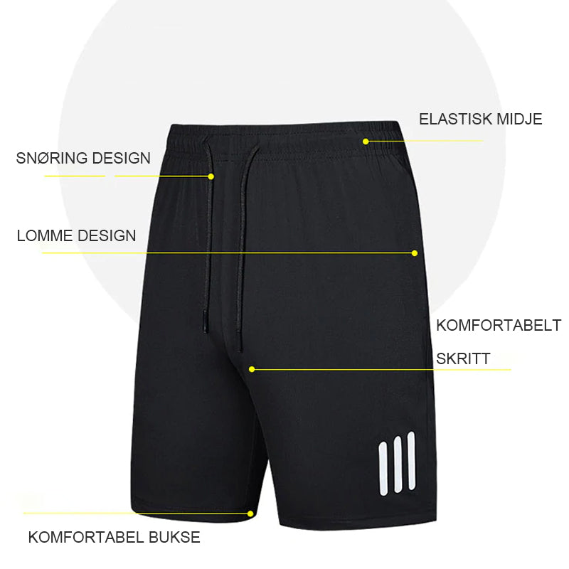 "Ergonomiske sportsshorts, elastisk snørebelte, sommerlig design, lett stoff, ideell for utendørs aktiviteter."