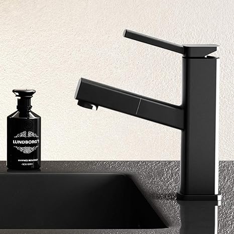 Moderne ettgreps badekarkran med fleksibel uttrekkbar dusj. Svart design for stilren baderomsarmatur.
